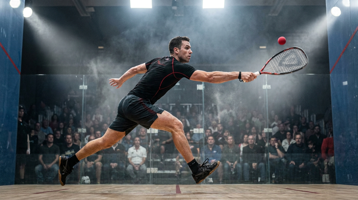 Racquetball player mid-lunge striking the ball on a dramatic indoor court