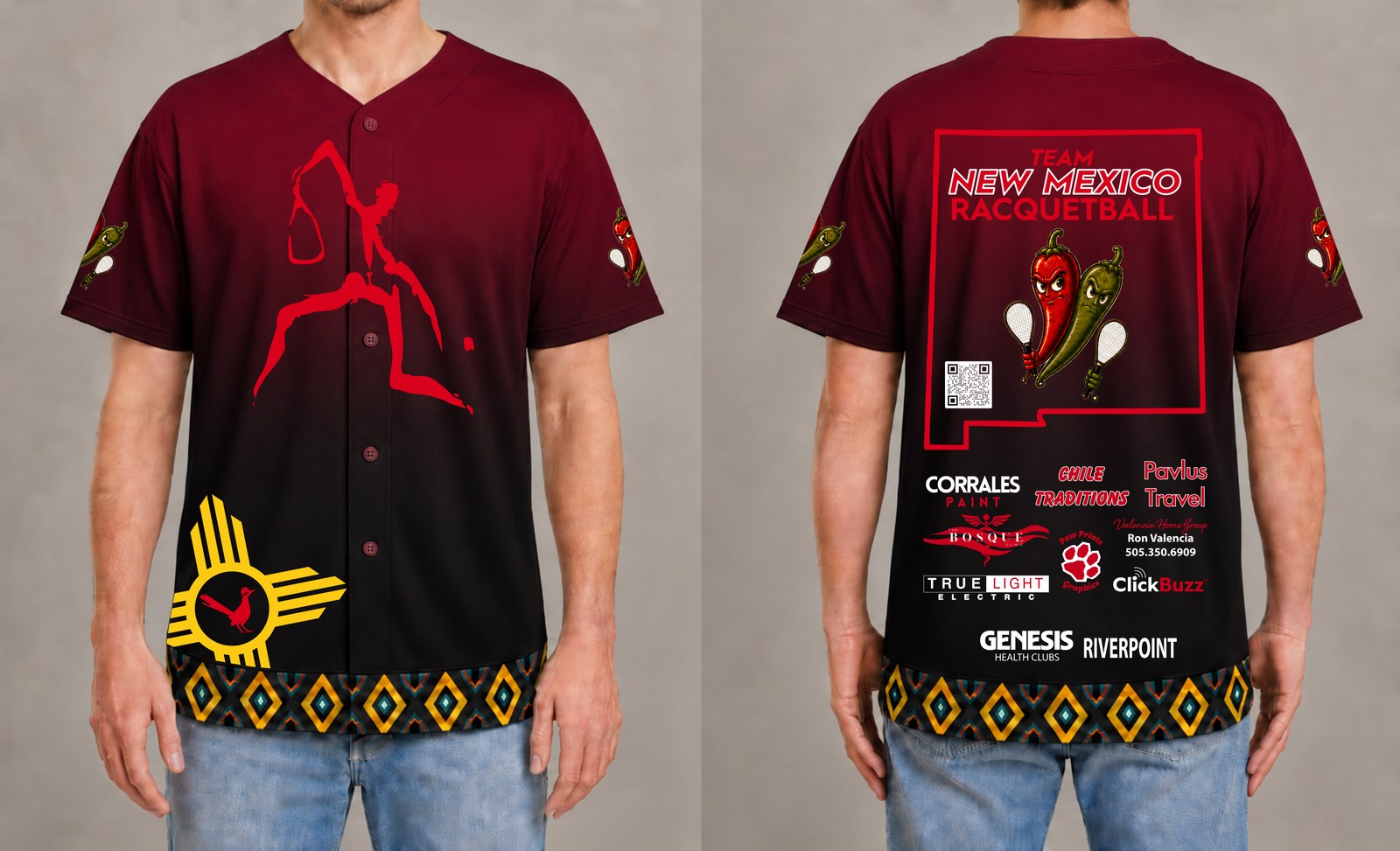 Team NM Racquetball 2027 jersey, front and back: maroon-to-black button-up with the red player logo and Zia symbol on the front, and Team New Mexico Racquetball with club sponsor logos across the back