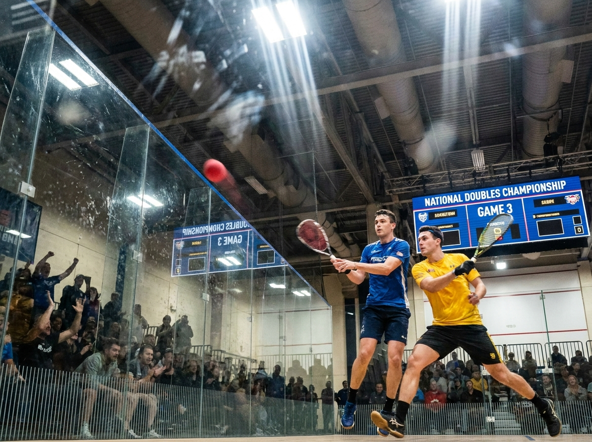 Tournament play seen through the court glass with spectators watching