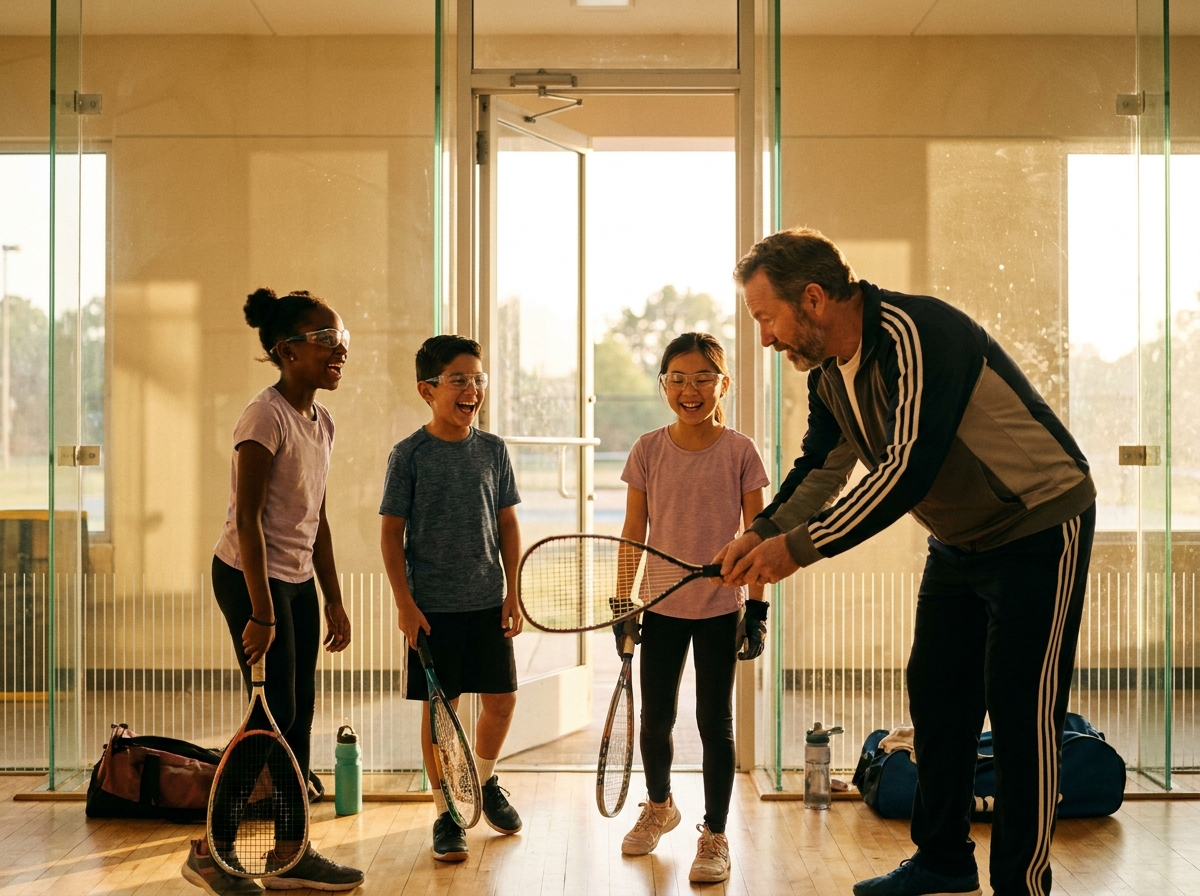 Coach teaching kids racquetball on a bright indoor court